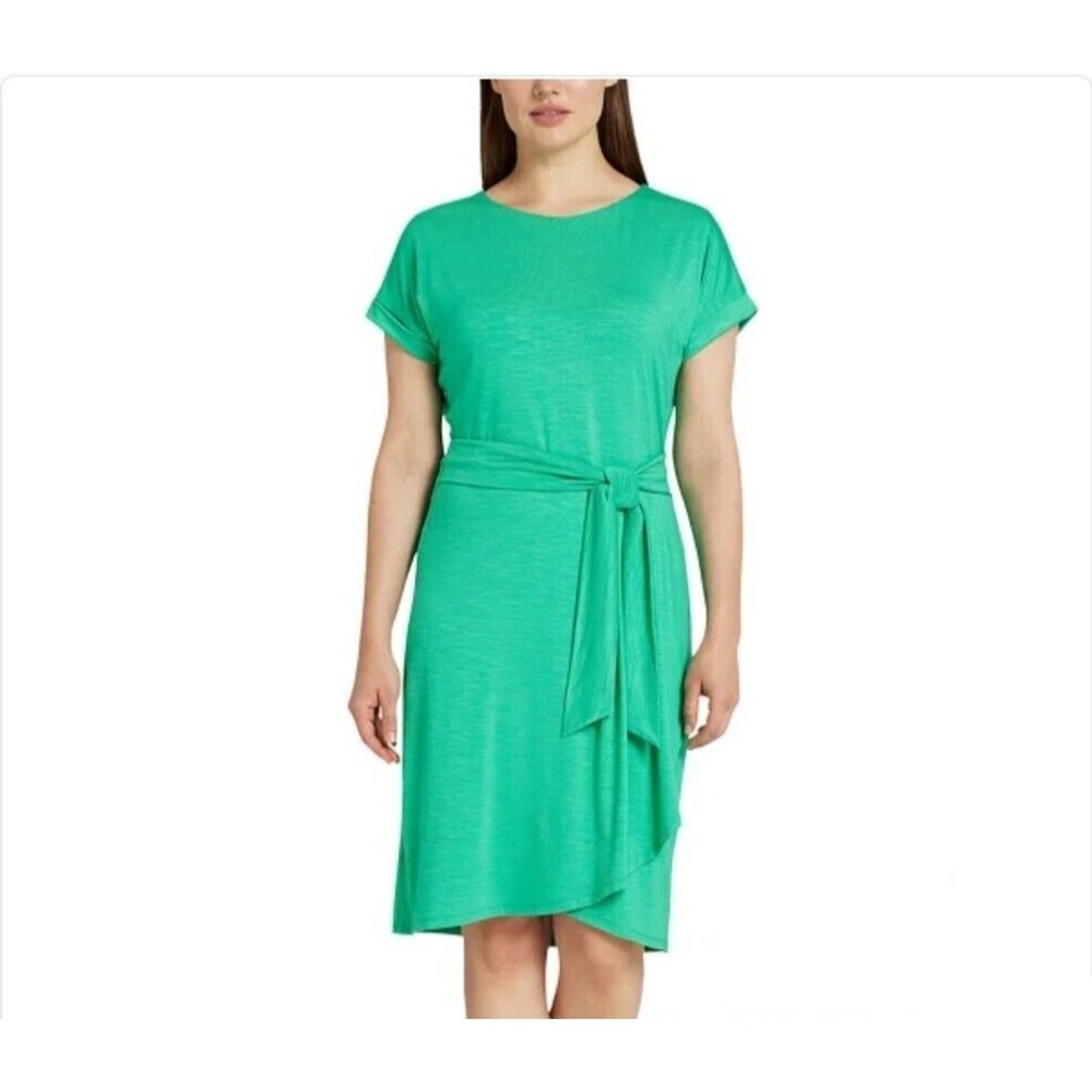 CHAPS Women's M Crewneck Knit Dress Sash Belt Stretch Green Dressy Casual